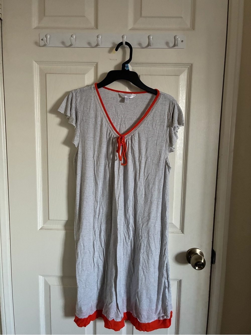Striped Gray and White Nightdress with Orange Trim